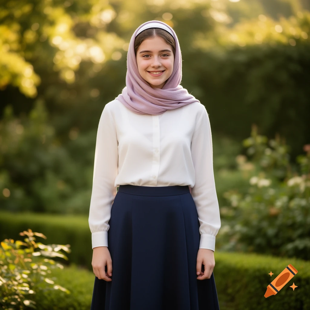 A smiling young woman wearing a light purple hijab, white long-sleeved shirt, and dark blue skirt in a sunny outdoor garden.