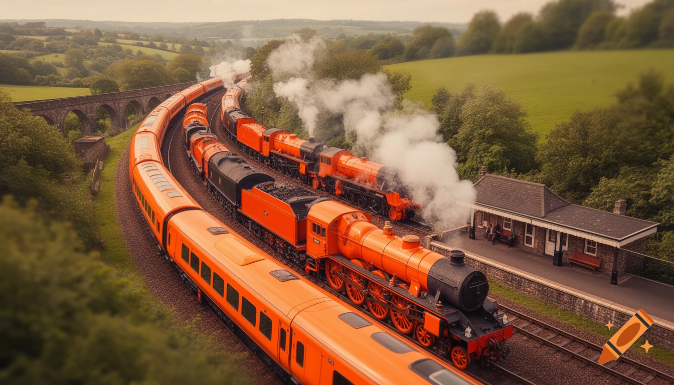 A high-angle view of several orange steam and passenger trains winding through a lush green valley past a small station and stone bridge.