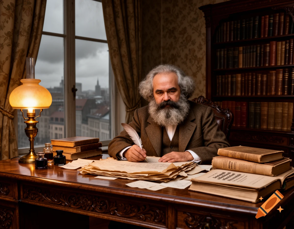 A photorealistic image of Karl Marx writing with a quill at a wooden desk, surrounded by papers and books, with a city view from a window.