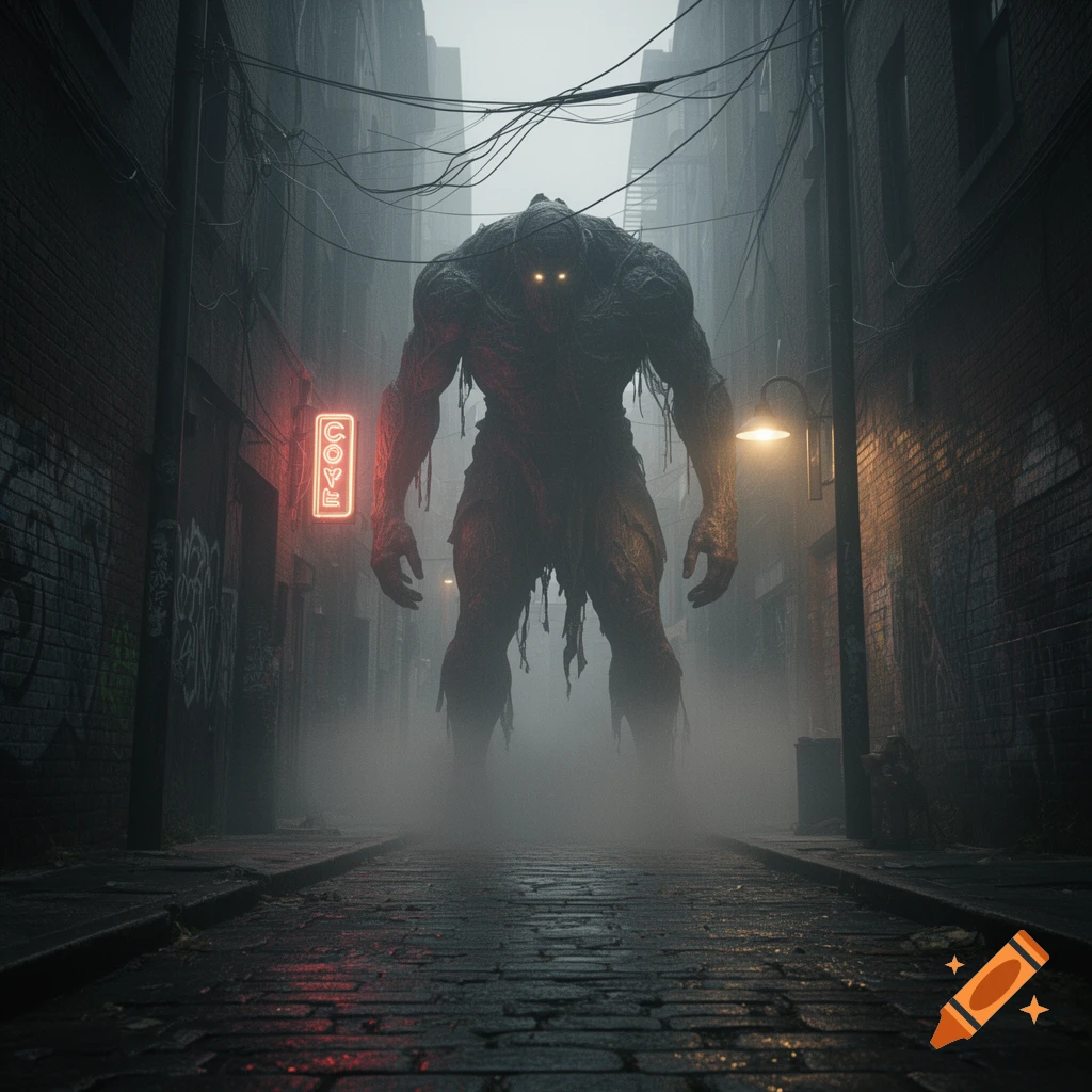 A massive, dark, hulking monster with glowing orange eyes stands ominously in a foggy, dark urban alleyway. A red neon sign glows on the left.