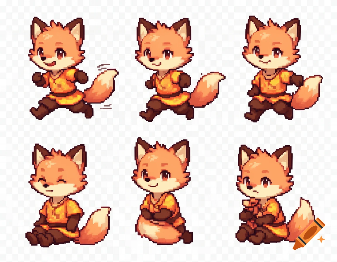 A pixel art sprite sheet features a cute orange fox boy in various poses, including running and sitting.