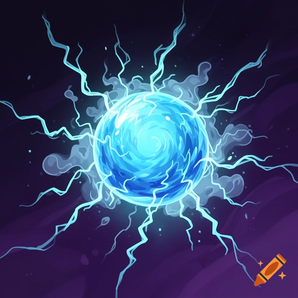 Cartoonish bright blue plasma orb with swirling energy and lightning bolts against a dark purple background.