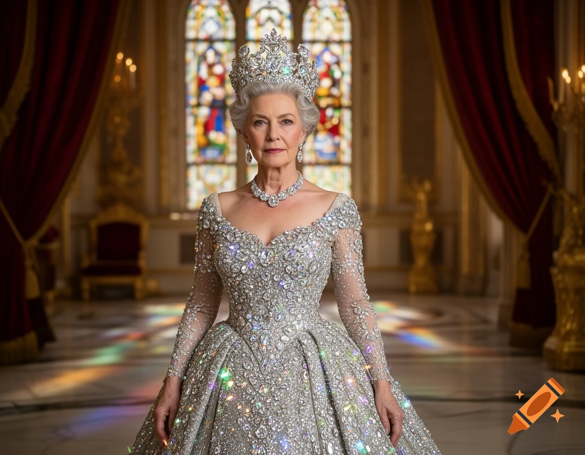 A regal older woman with gray hair wears a glittering diamond gown, matching necklace, earrings, and a large crown, standing in an opulent palace hall with stained glass windows and red drapes.