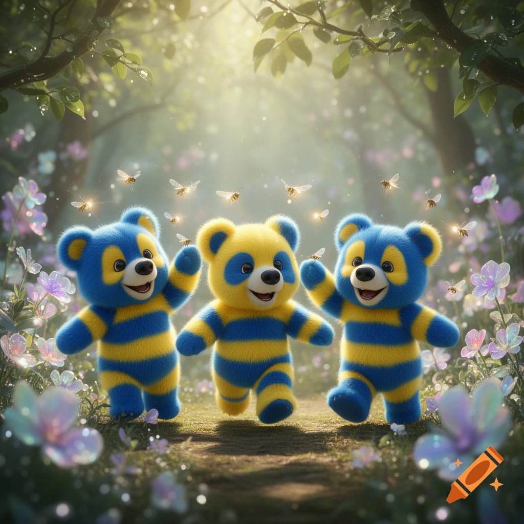 Three cute, fuzzy blue and yellow striped bears walk happily through a magical forest with glowing bees and sparkling flowers.