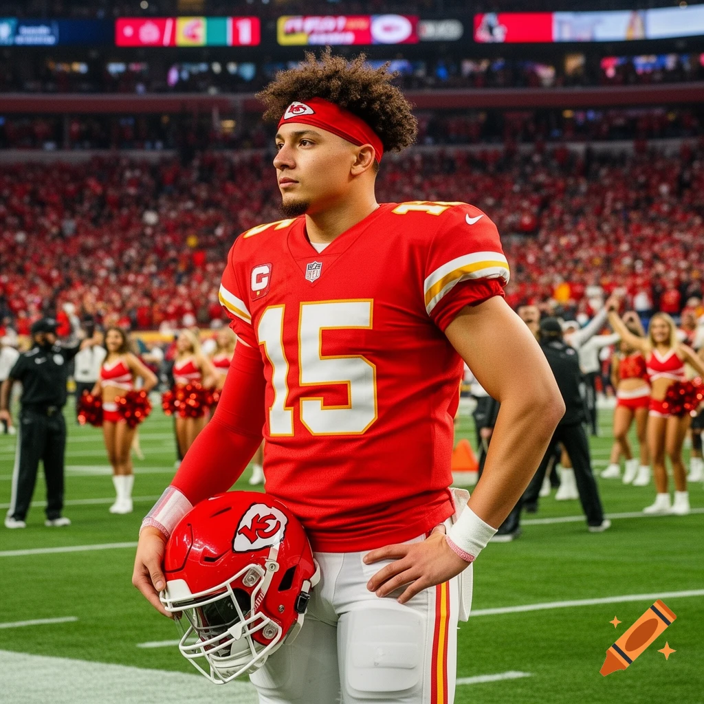 Patrick Mahomes in a red Kansas City Chiefs uniform, holding a helmet, stands on a football field in a stadium.