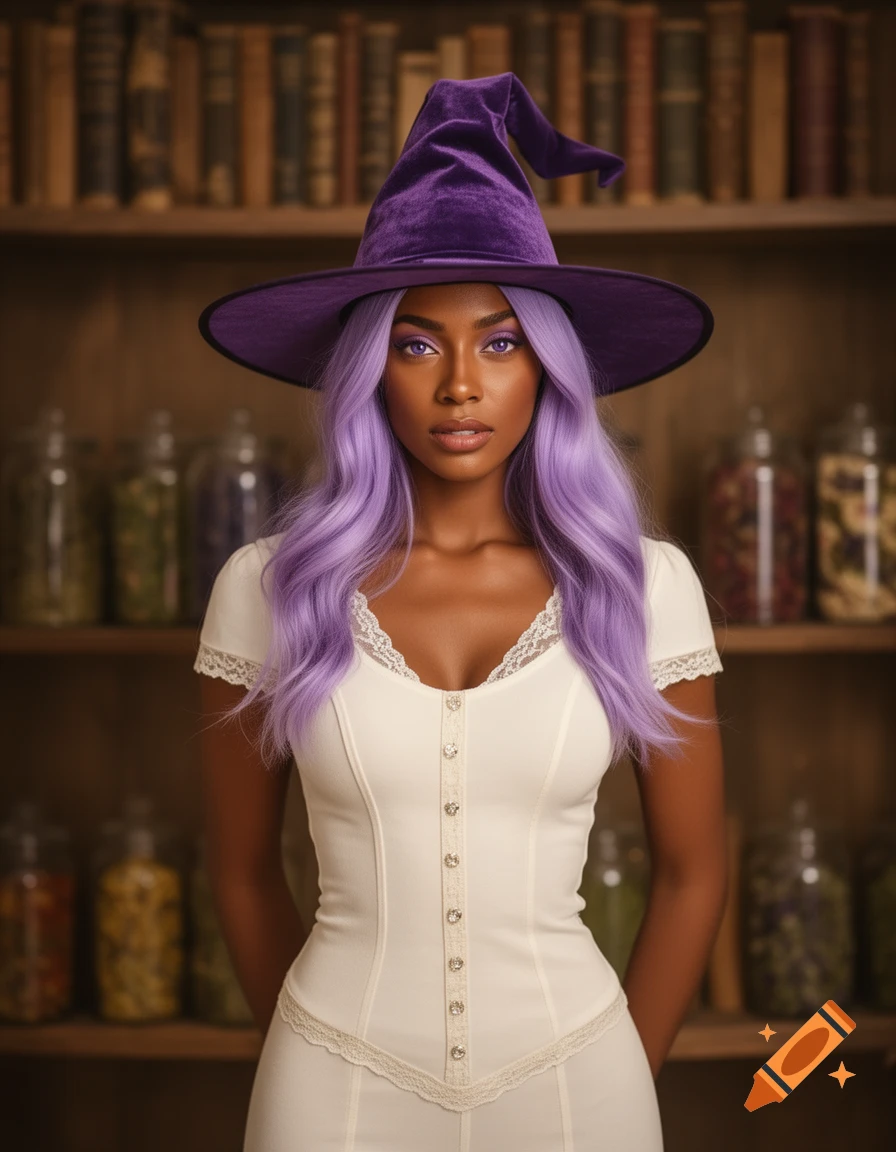 A photorealistic portrait of a woman witch with toffee skin, lavender hair, lavender eyes, purple hat, and white dress, in a room with books and jars.