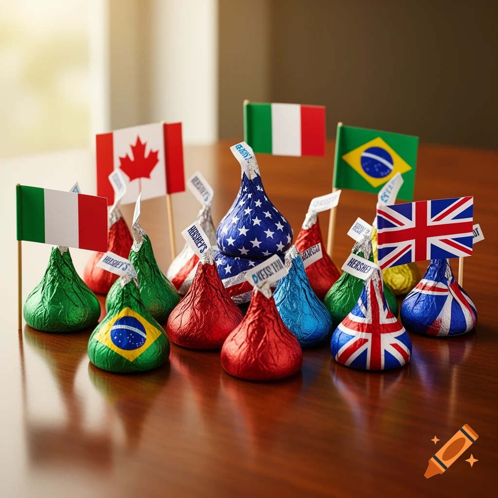 Assortment of Hershey's Kisses wrapped in international flags like USA, UK, Canada, Italy, and Brazil, on a wooden table.