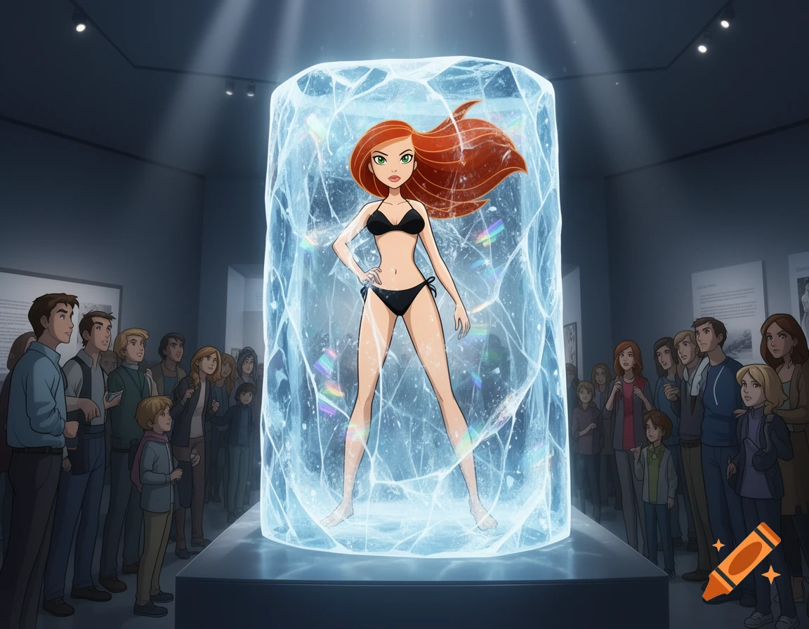 A cartoon woman with red hair in a black bikini is frozen in a large block of ice, displayed in a museum with onlookers.