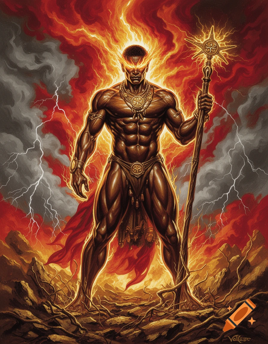 A muscular, dark-skinned man with glowing eyes and a fiery aura ...
