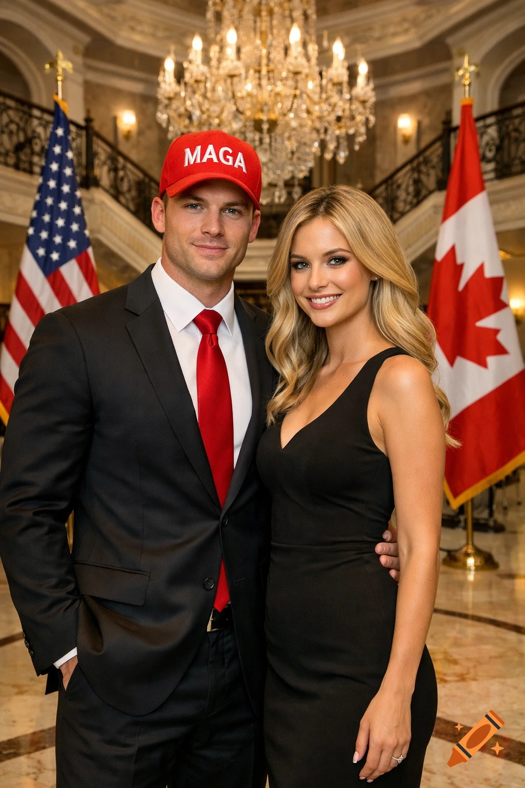A man in a black suit, red tie, and red "MAGA" hat stands with a woman in a black gown, against a backdrop of a luxurious mansion and flags.