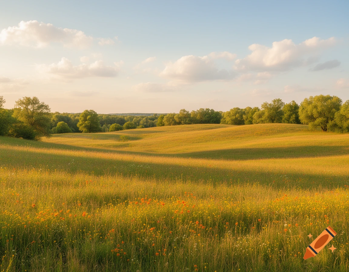A sun-drenched rolling field with tall grass and wildflowers under a partly cloudy sky, bordered by trees in the distance.