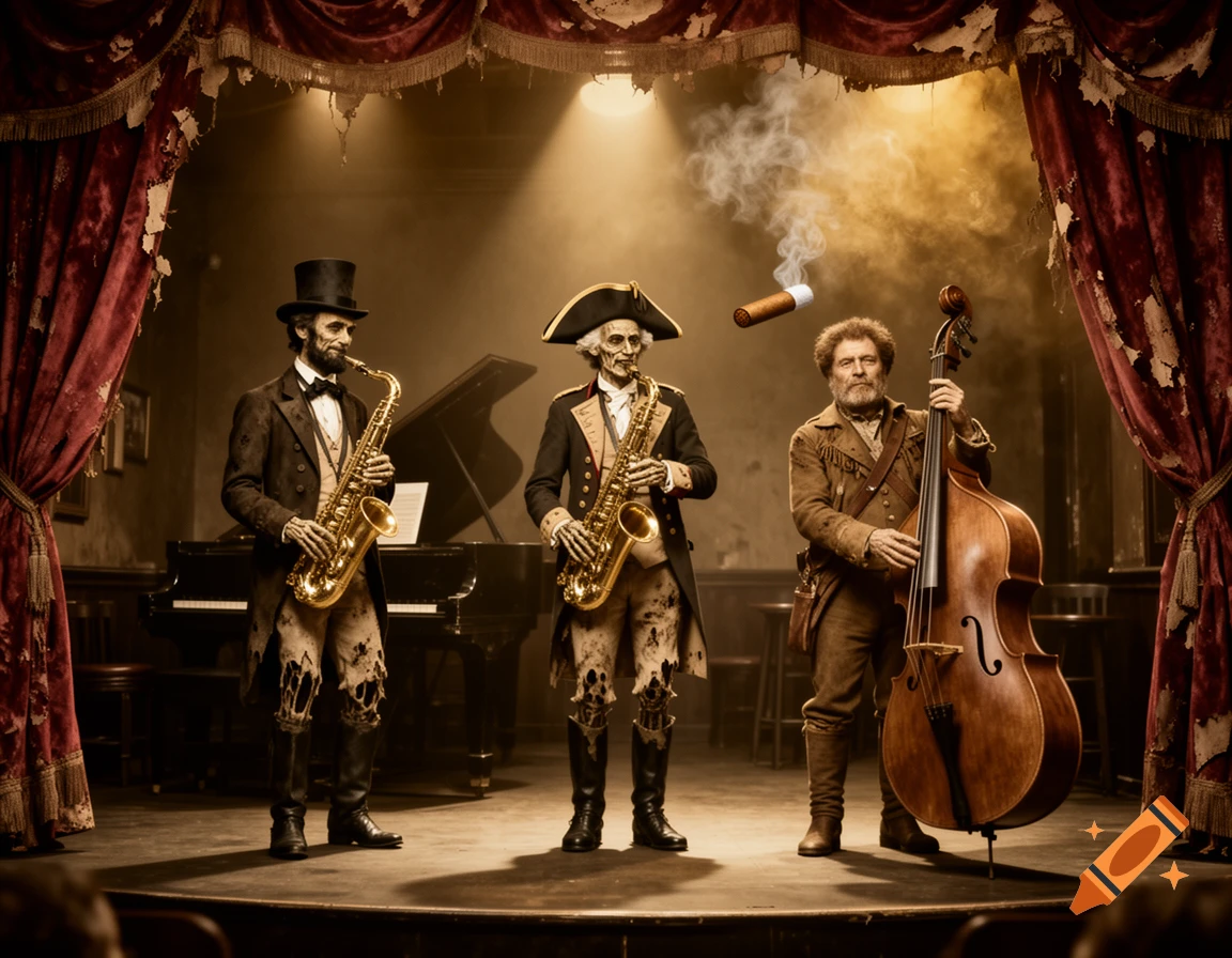 A zombie jazz trio of historical figures, including Abraham Lincoln, playing saxophones and double bass on a stage with red curtains.