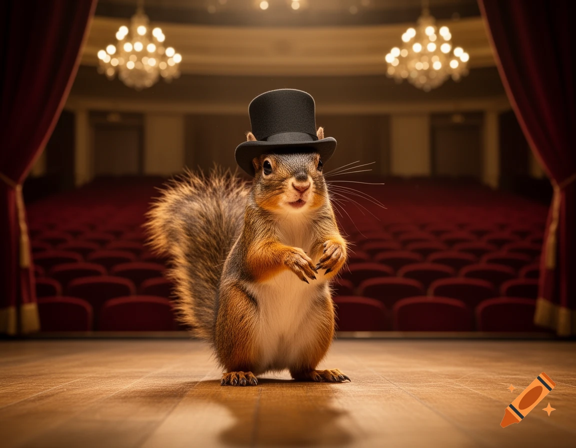 A photorealistic squirrel in a top hat stands center stage in an empty theater, illuminated by spotlights.