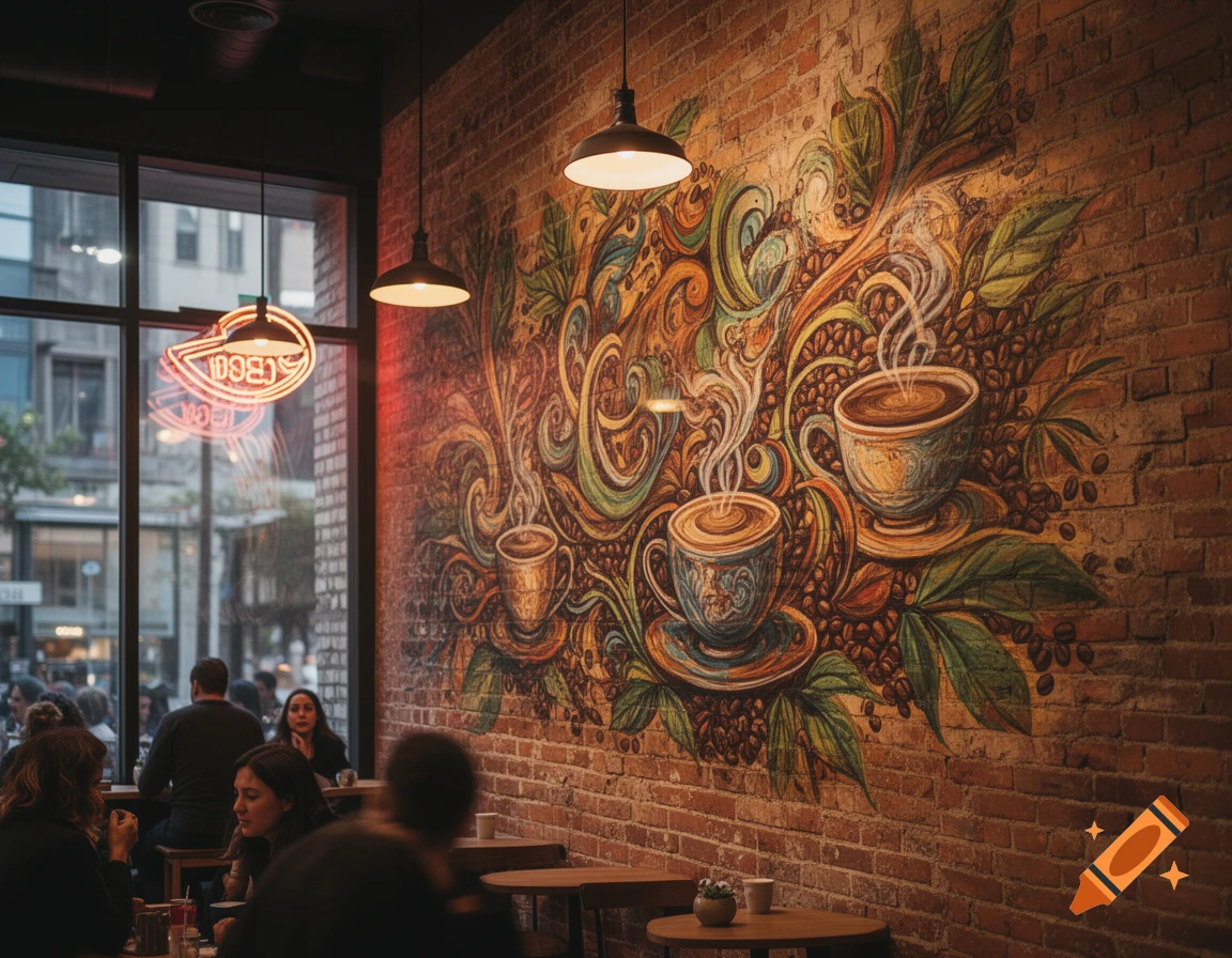 A vibrant coffee-themed mural on a brick wall inside a bustling cafe, with patrons and a neon sign reflected in the window.