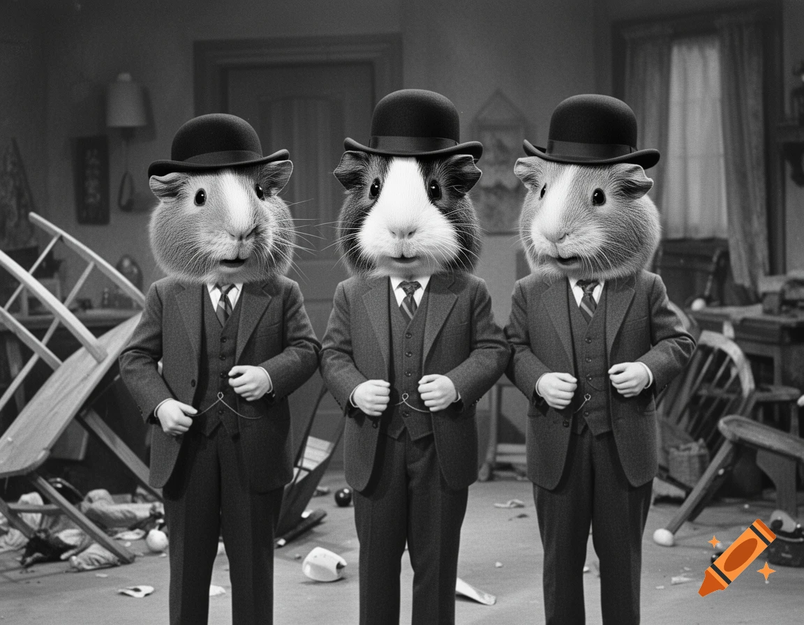 Three guinea pigs in suits and bowler hats stand in a chaotic black and white room.