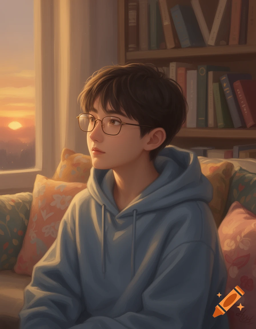 A thoughtful young person with glasses and a blue hoodie sits in a cozy room, lit by warm sunset light, a bookshelf behind them. Digital painting.