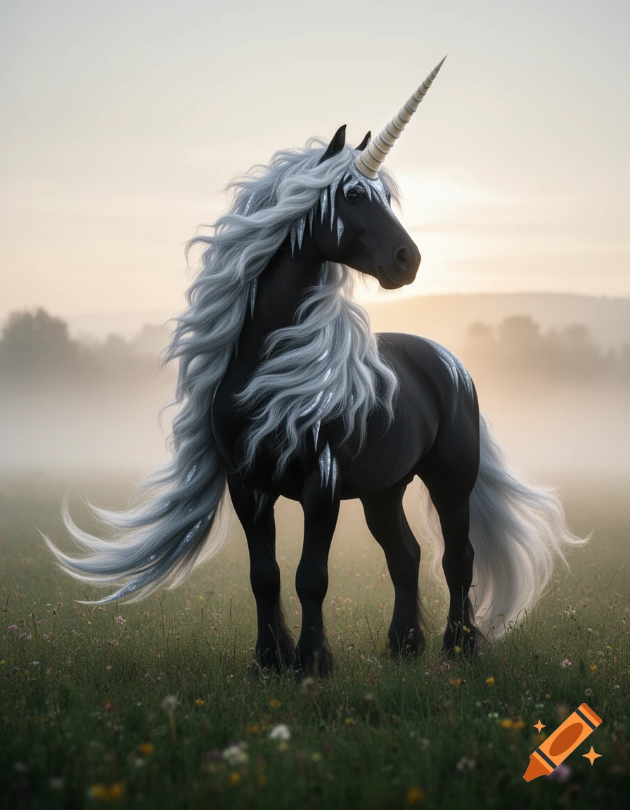 A majestic black unicorn with a long, flowing silver mane and tail stands in a misty green field at dawn.