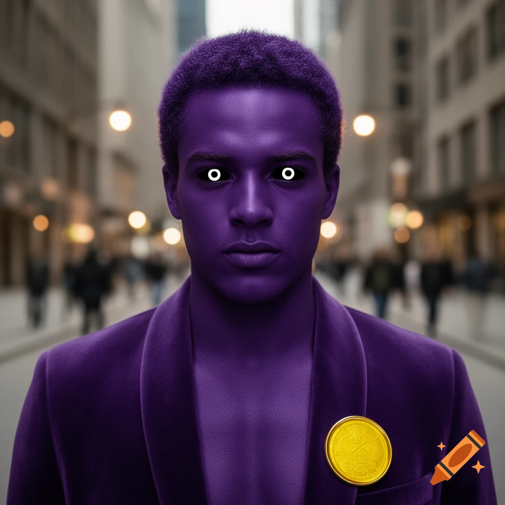 A purple-skinned man with white pupils and a gold badge on his purple velvet jacket stands on a blurred city street.