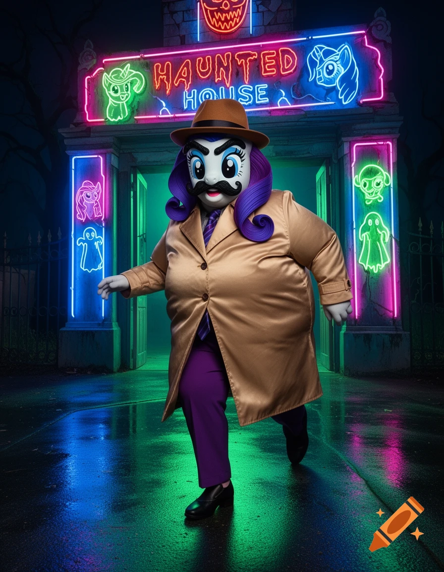 Humanized Rarity in a Groucho Marx mask and trenchcoat stands before a neon-lit 'Haunted House' sign.