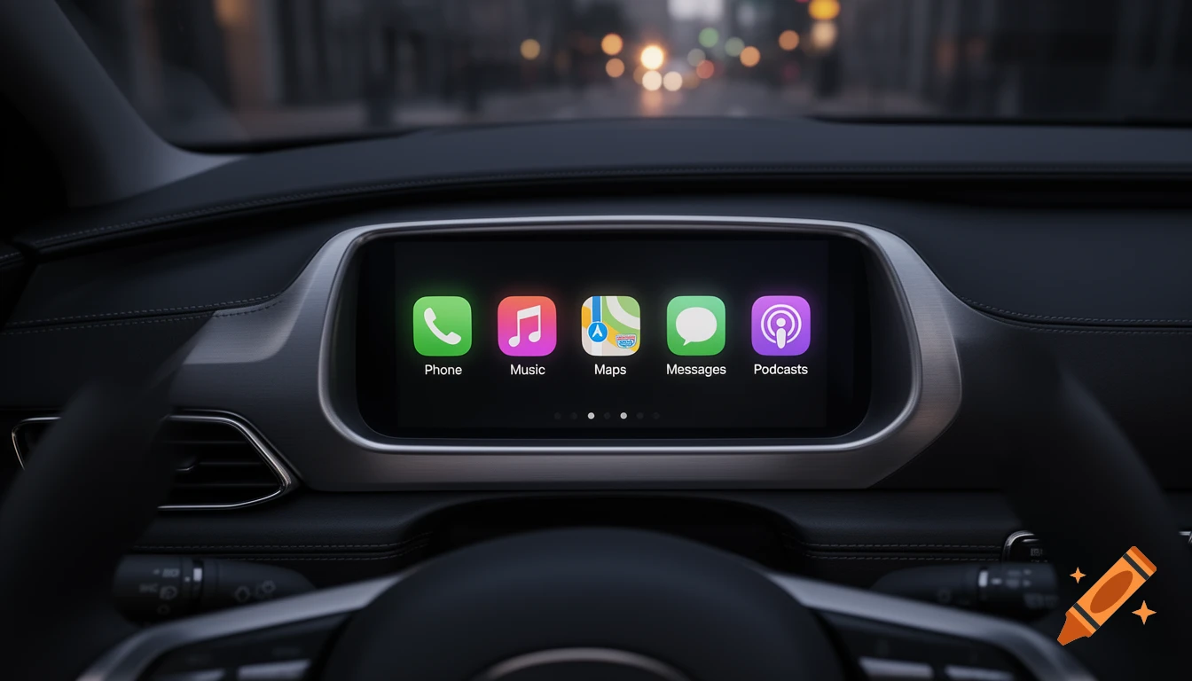 Photorealistic Apple CarPlay interface on a car dashboard, showing Phone, Music, Maps, Messages, and Podcasts app icons.