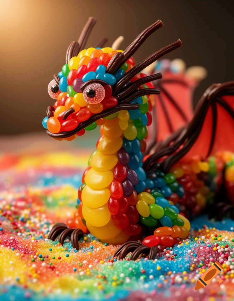 A vibrant, photorealistic dragon made of colorful jelly beans and chocolate sticks, sitting on a bed of rainbow sprinkles.