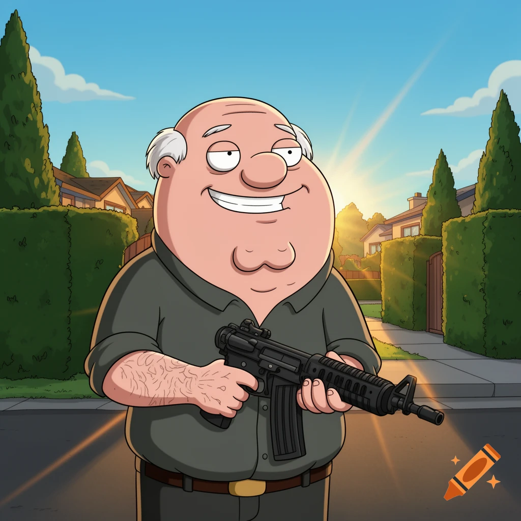 Cartoon character Herbert from Family Guy smiling and holding a rifle on a sunny suburban street.