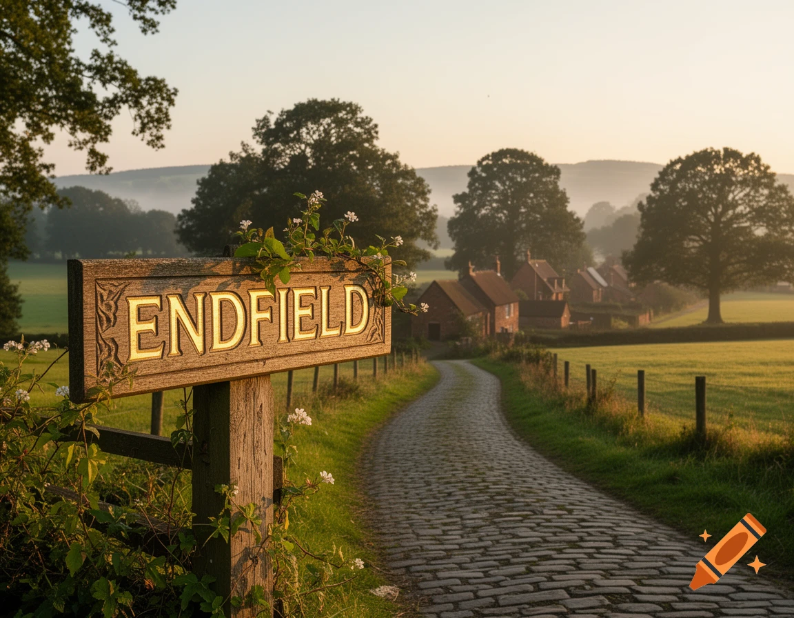 A photorealistic image of a cobbled path winding through a misty countryside village at sunrise, with an 'ENDFIELD' sign.