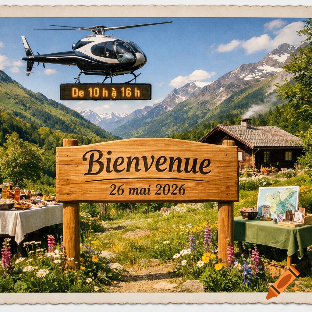 A picturesque mountain landscape with a helicopter flying above a welcome sign and event setup.