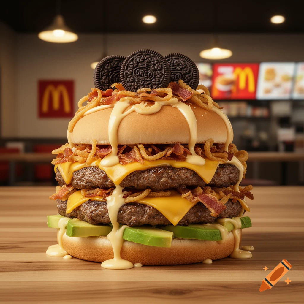 A huge McDonald's triple-patty burger with cheese, bacon, fried onions, avocado, deep-fried Oreos, and cheese sauce.