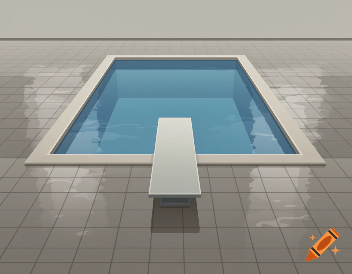 An illustration of an empty swimming pool with a diving board. The tiled floor around it is wet.