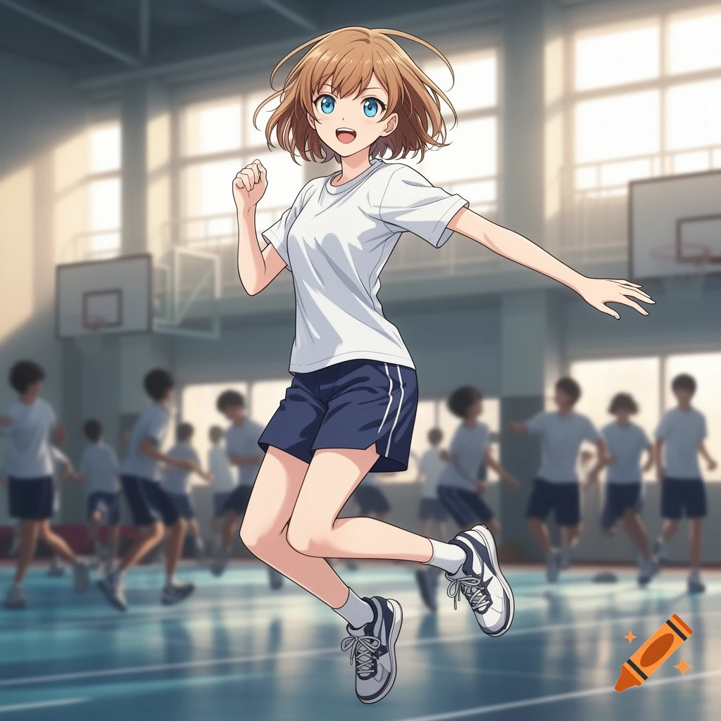 Anime girl in white t-shirt and blue shorts jumping in a school gym with blurred students in the background.