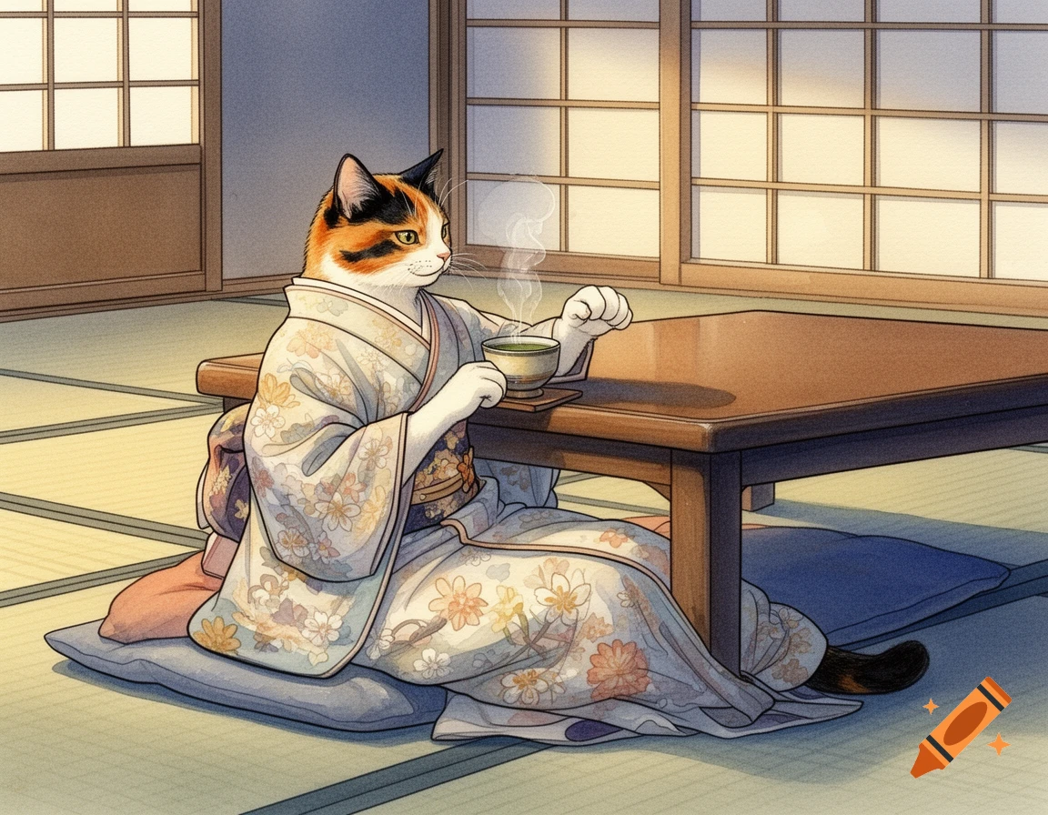 A calico cat in a kimono sits on a cushion at a low wooden table, holding a cup of steaming tea in a Japanese room. Watercolor and ink art.