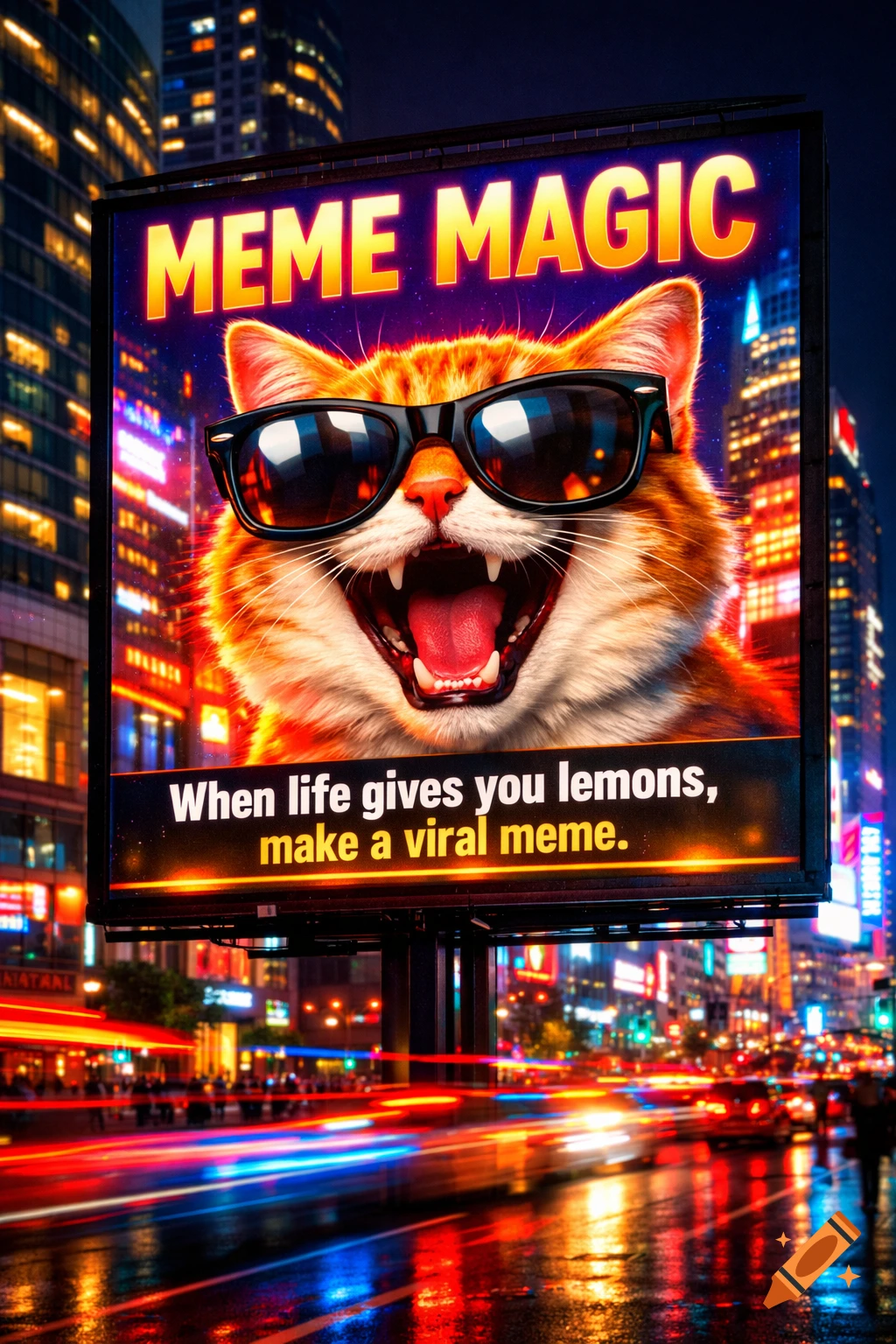 A cool cat wearing sunglasses with its mouth open on a billboard advertising "Meme Magic" in a vibrant city at night with light trails.