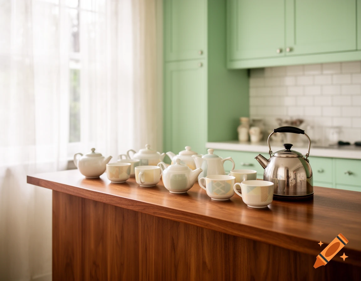 A midcentury modern kitchen counter with several white teapots, patterned cups, and a silver kettle.