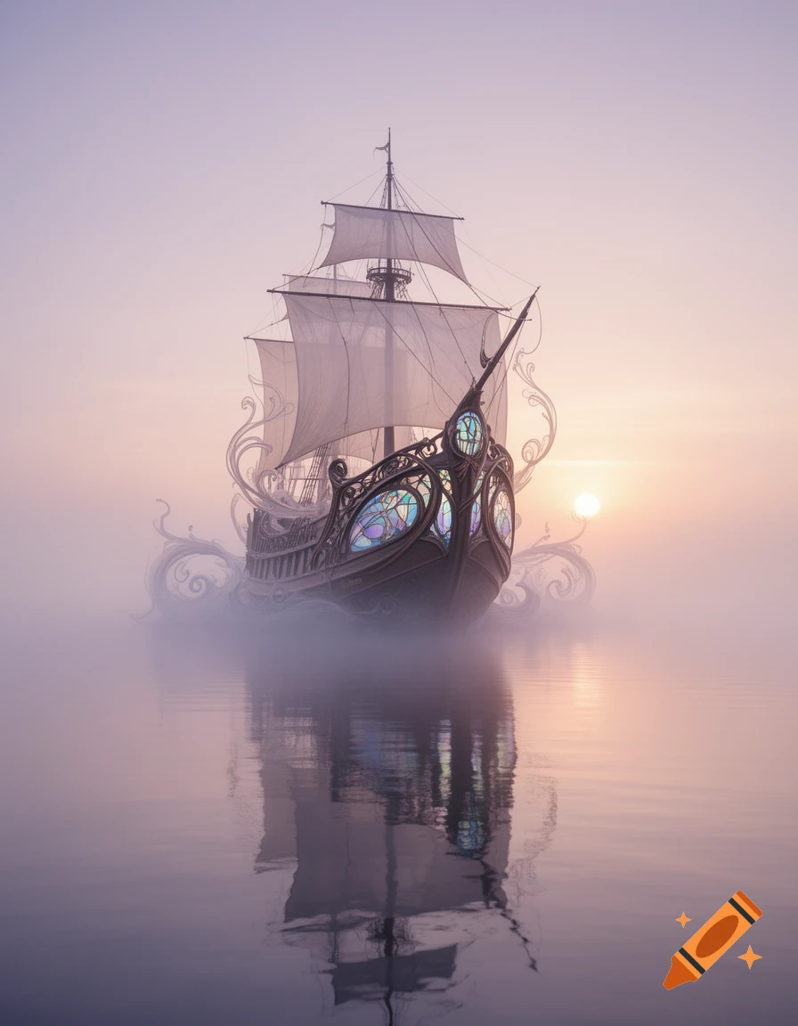 An Art Nouveau style fantasy ship with ornate stained glass details sails through a misty, calm body of water at sunset, reflected below.