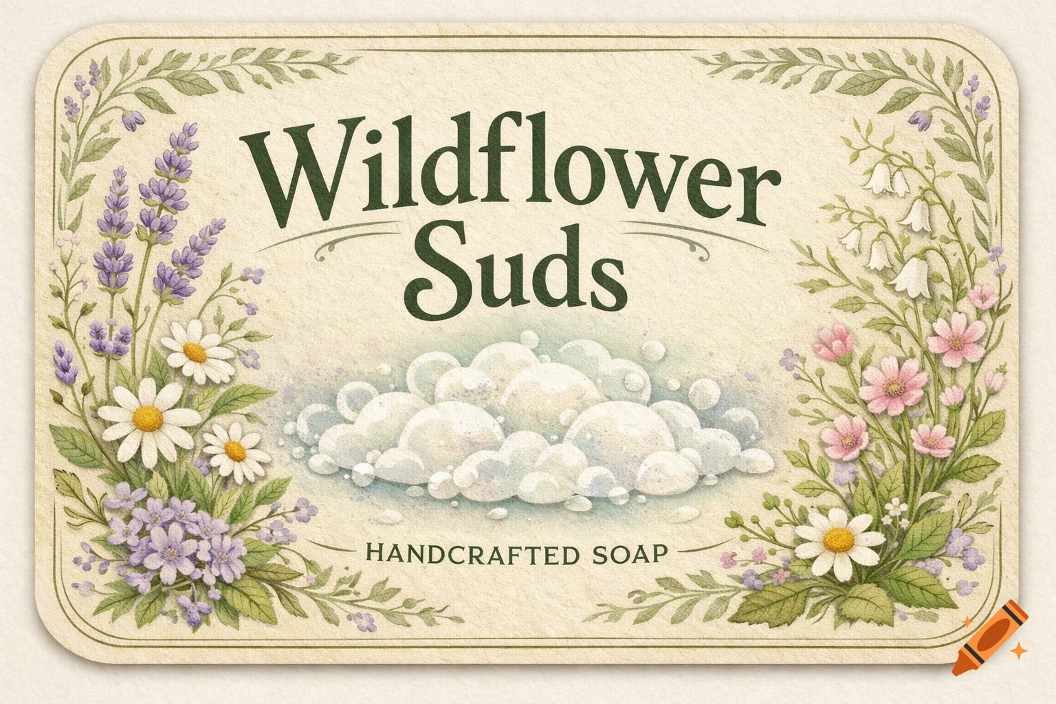 A vintage-style label for 'Wildflower Suds' soap, featuring wildflowers and bubbles.