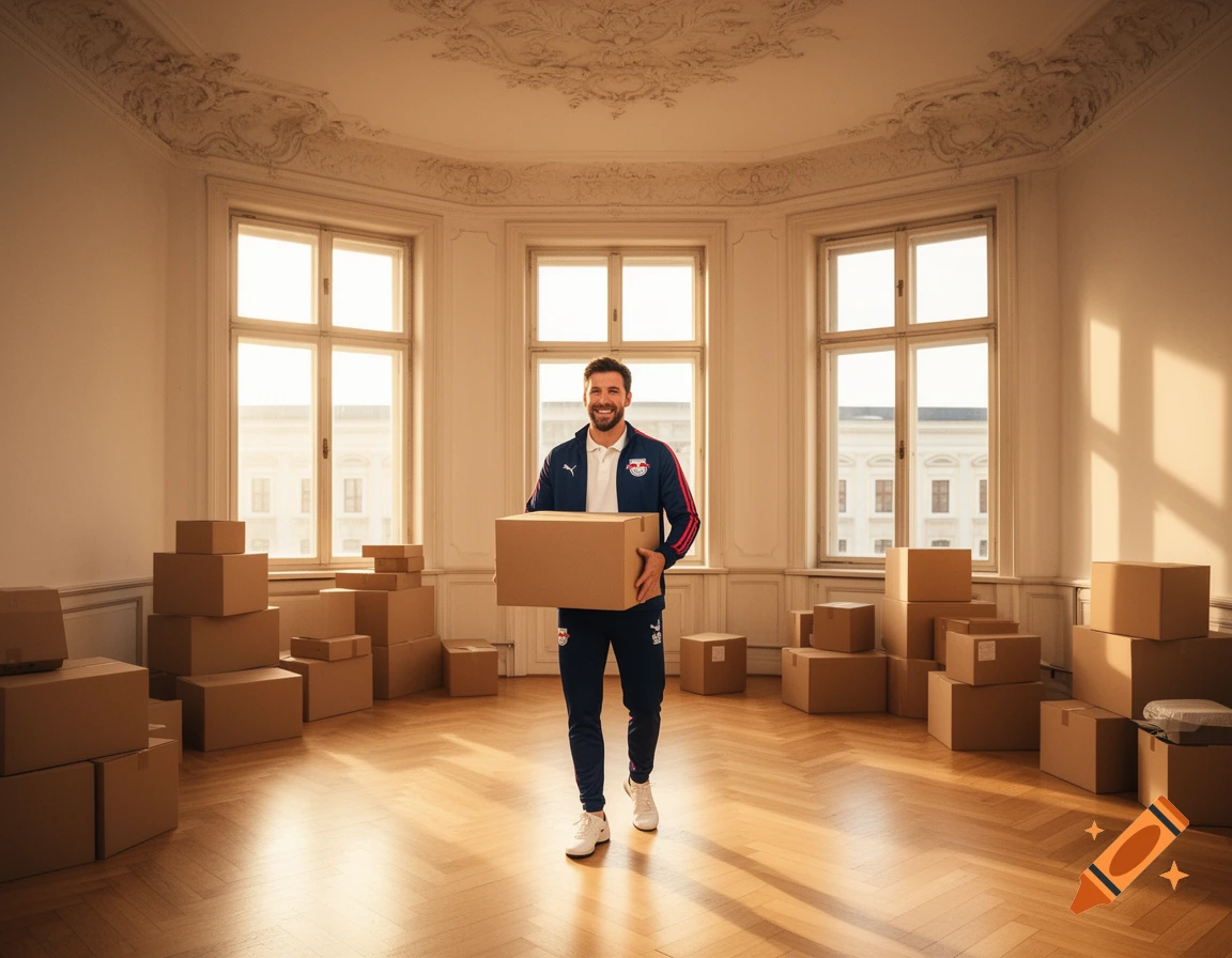 A smiling man in a sports jacket carries a moving box in a spacious, sunlit apartment with high ceilings and many stacked boxes.