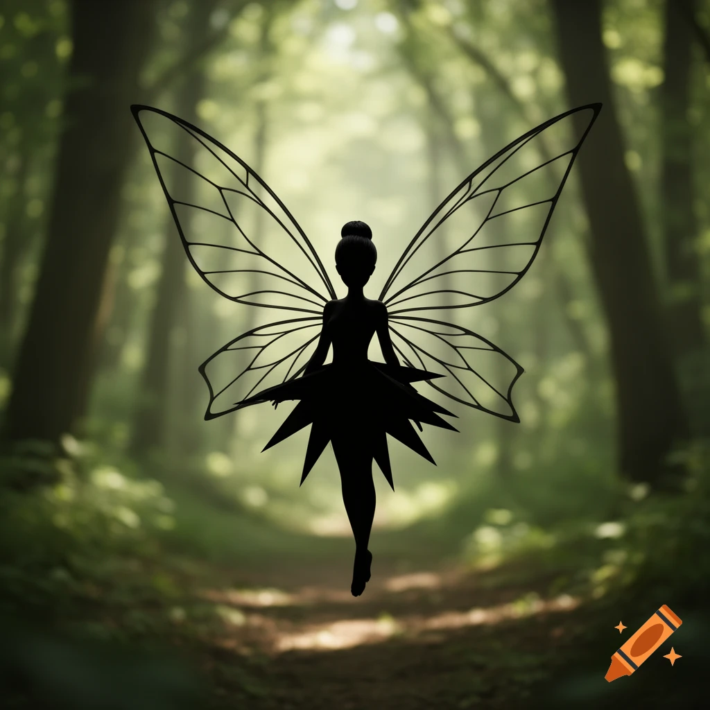 A black silhouette of a stylized fairy with large outlined wings floats in a blurry green forest.