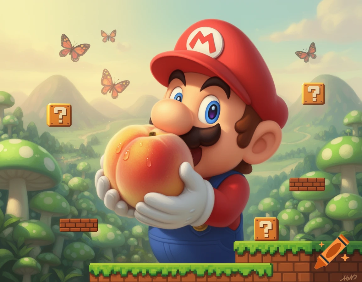 Mario holds a large, juicy peach in a vibrant, stylized Super Mario Bros. landscape with mushrooms, blocks, and butterflies.