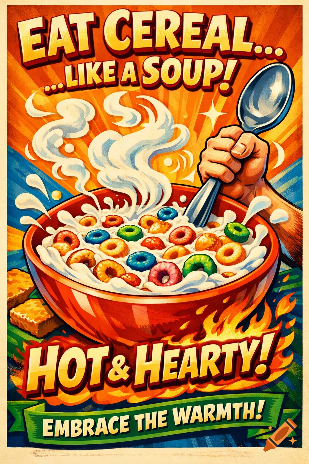 Colorful retro propaganda poster shows a hand spooning steaming cereal loops in a bowl, with text 'EAT CEREAL... LIKE A SOUP!'.