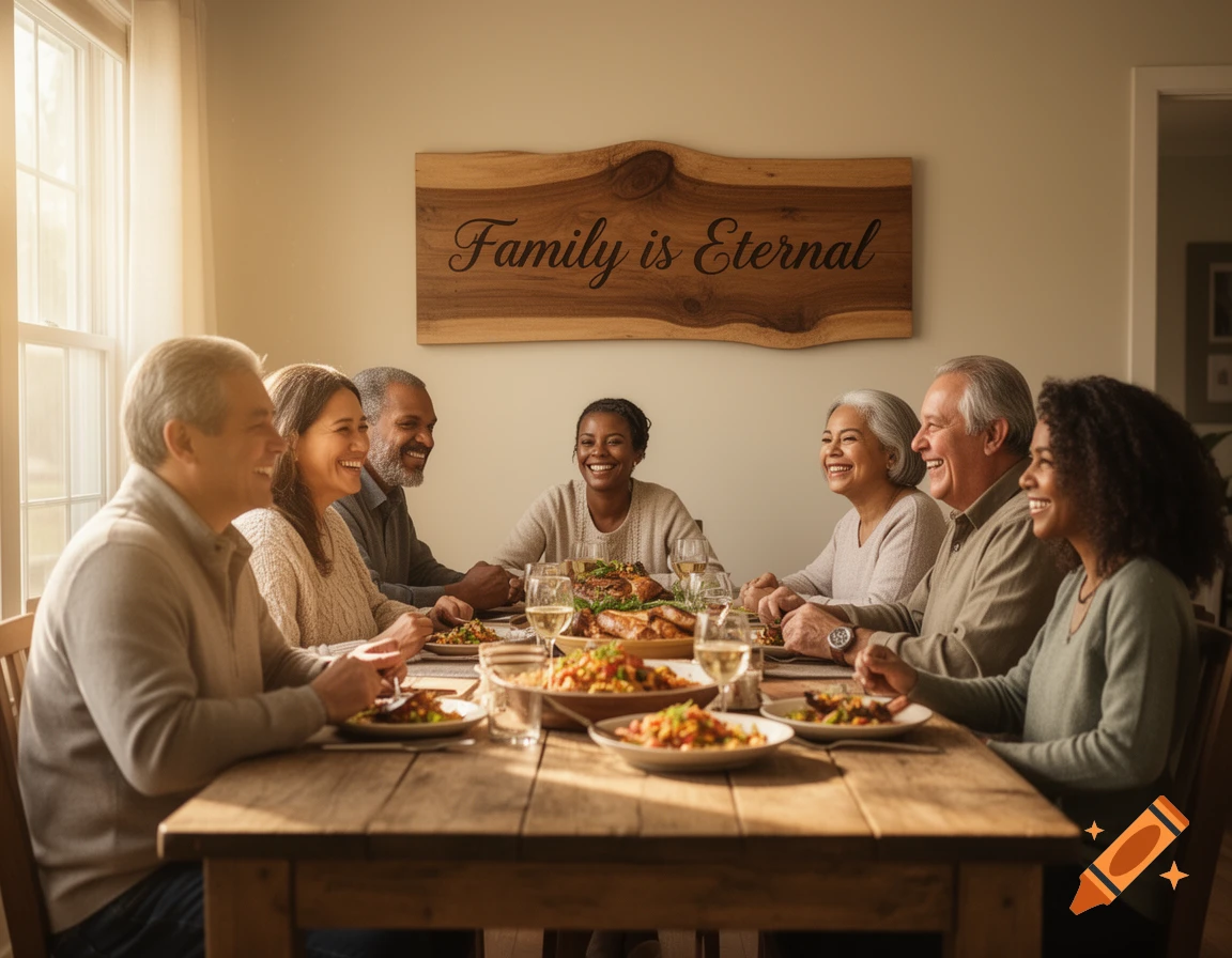 A multi-generational, diverse family smiling and laughing while enjoying a large dinner spread at a wooden table.