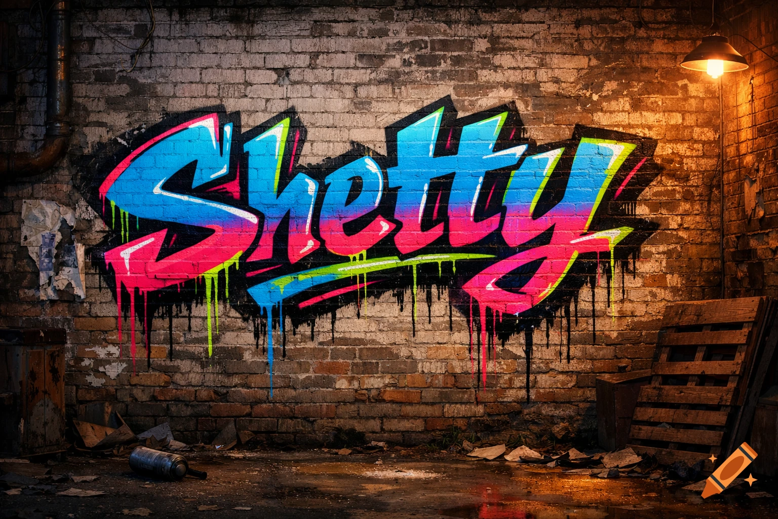 Vibrant 'Shetty' graffiti art on a dark brick wall, lit by a single bulb, with urban debris.