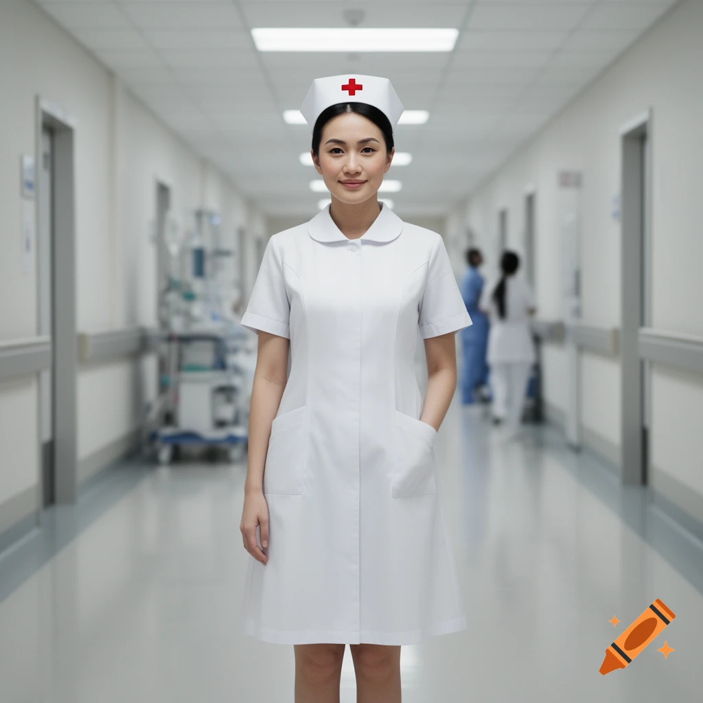A smiling woman in a white nurse's uniform and cap with a red cross stands in a hospital hallway.
