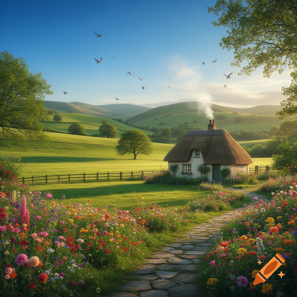 A charming thatched-roof cottage in a vibrant green meadow with a path leading through colorful wildflowers and rolling hills.
