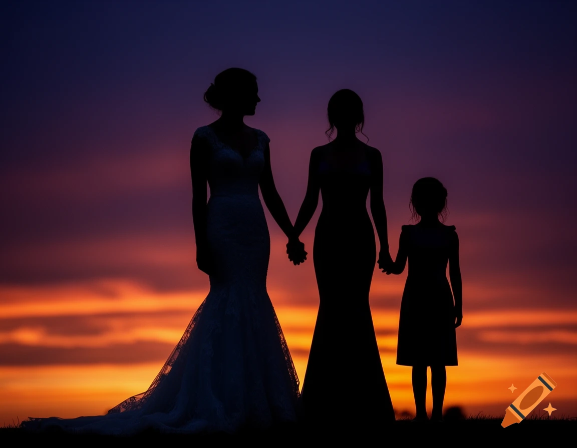 Silhouettes of two women and a child holding hands against a vibrant orange and purple sunset.