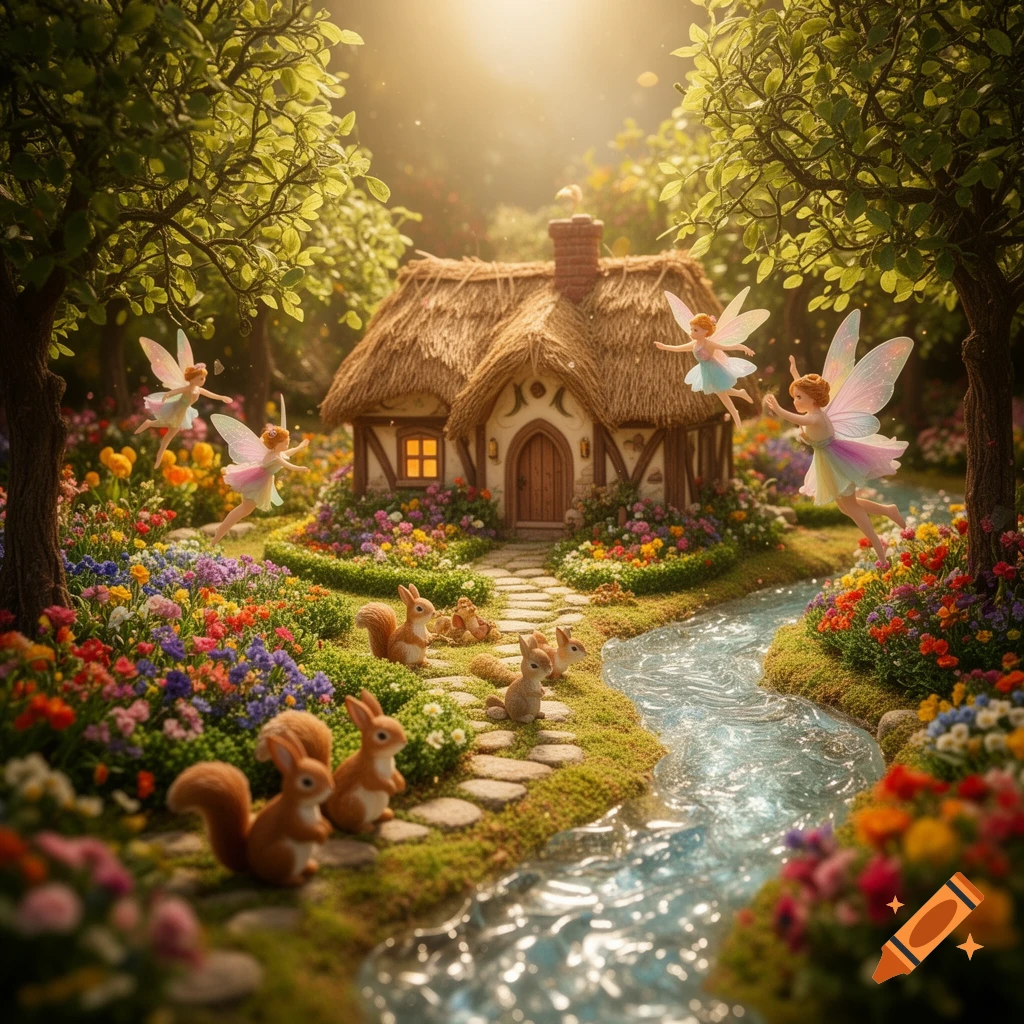 A charming diorama of a fairytale cottage with a thatched roof, surrounded by colorful flowers, a river, squirrels, rabbits, and flying fairies in a sunlit forest.