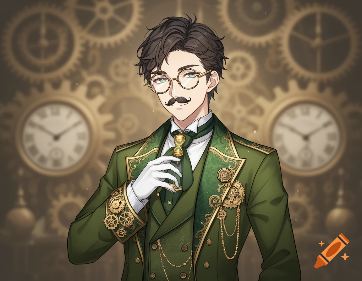 Anime man in green steampunk suit, mustache, glasses, holding hourglass, with clock gears background.