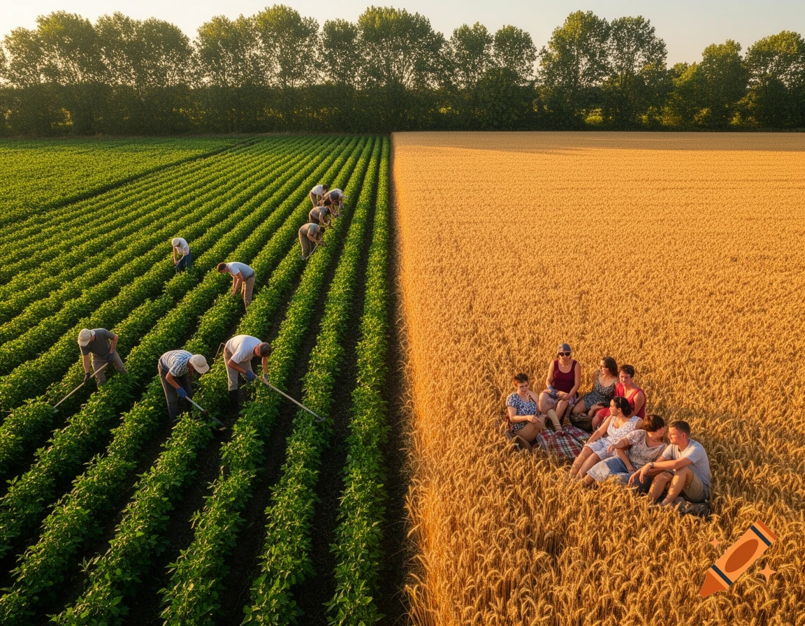 An aerial view of a vibrant agricultural field, workers tending green crops on the left, and a group relaxing in a golden wheat field on the right.