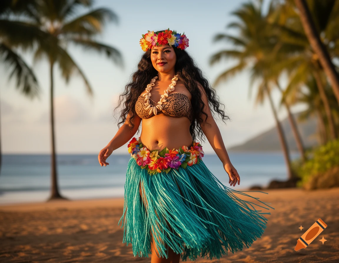 A Polynesian hula woman with long dark hair, wearing a flower crown and grass skirt, dances on a tropical beach at sunset.