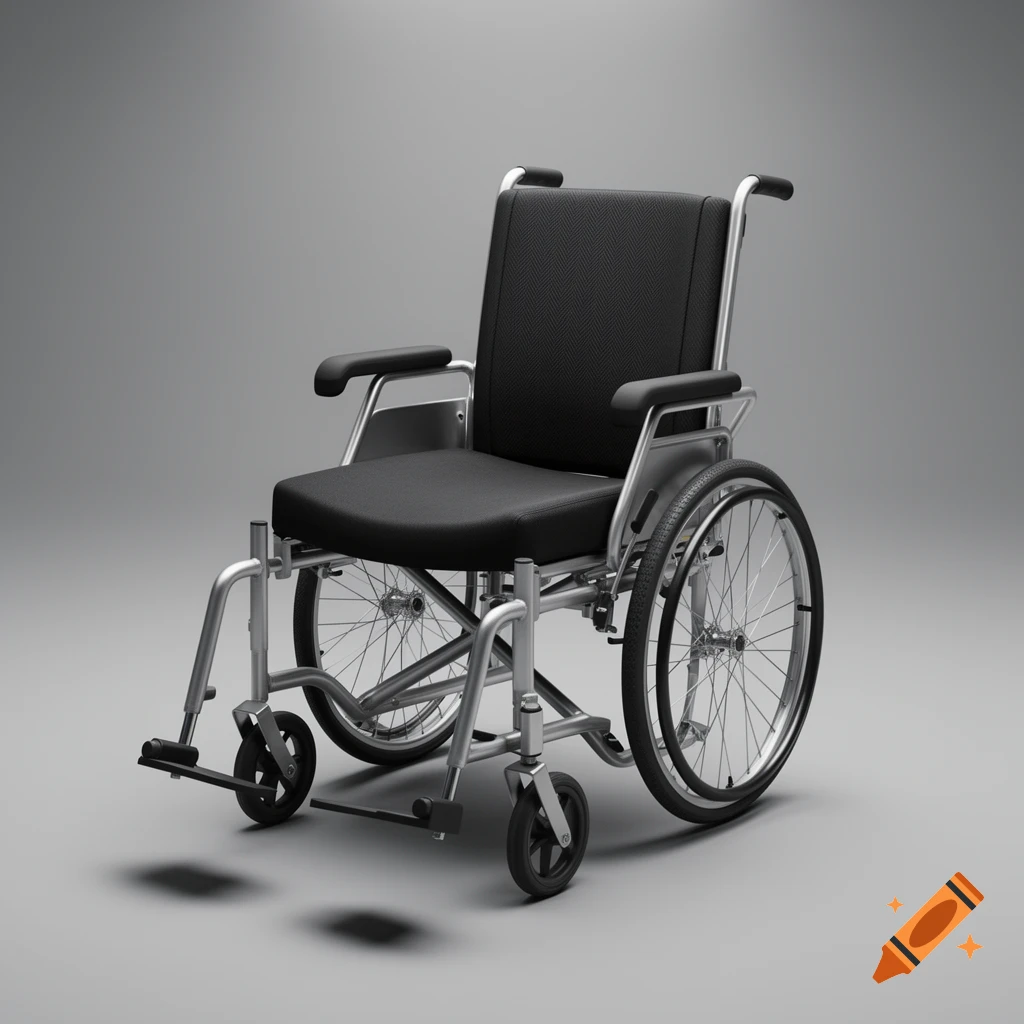 A photorealistic render of a modern wheelchair with black seat and backrest, silver frame, on a plain grey background.
